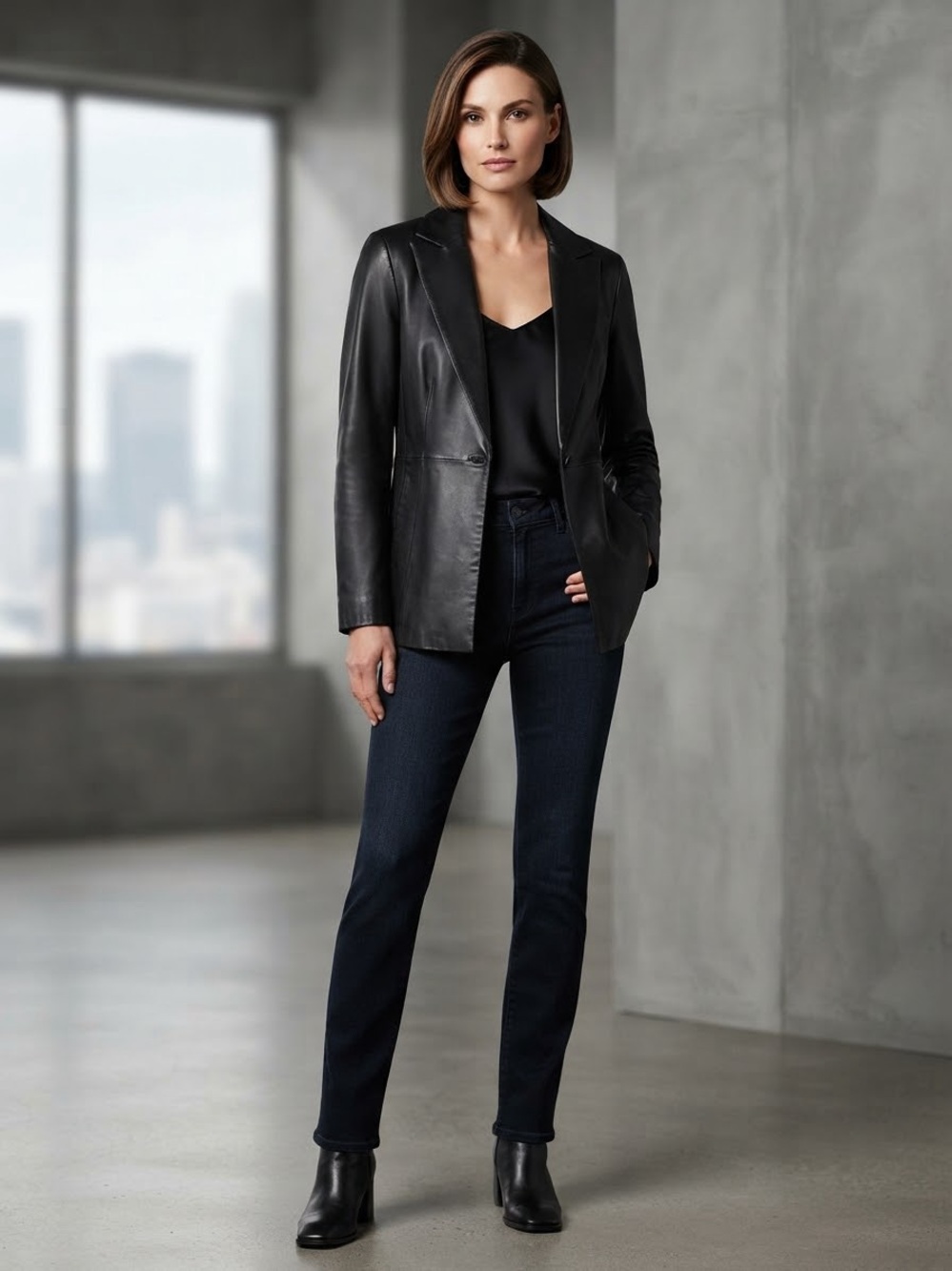 Vtg 90s Cache Black Genuine Leather Blazer Fitted Jacket Single Button Size 10